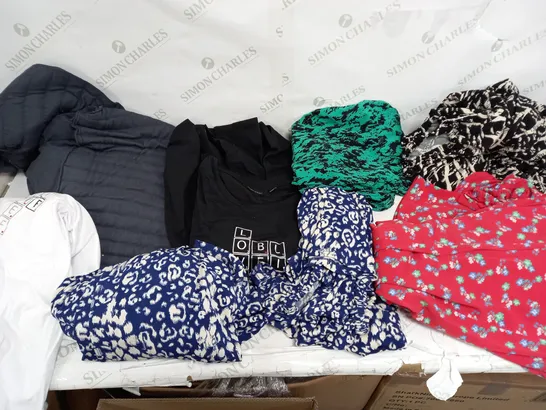 LARGE BOX OF ASSORTED CLOTHING ITEMS TOO INCLUDE TOPS , DRESSES AND TSHIRTS COMING IN DIFFERENT COLOURS AND SIZES 