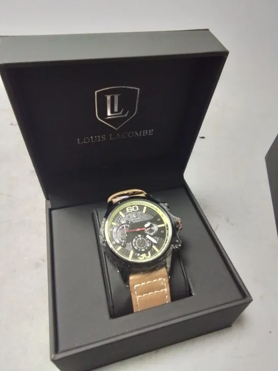 LOUIS LACOMBE GENTS STAINLESS STEEL CHRONOGRAPH WATCH WITH BROWN STRAP IN GIFT BOX