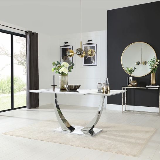 BOXED DESIGNER PEAKE WHITE MARBLE AND CHROME 160CM DINING TABLE (ONLY 1 OF 3 BOXES)