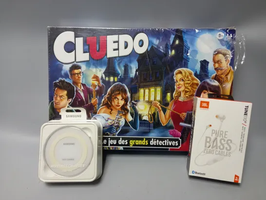 APPROXIMATELY 12 ASSORTED ITEMS TO INCLUDE FRENCH CLUEDO, JBL TUNE110BT EARPHONES, SAMSUNG WIRELESS CHARGER PAD, ETC