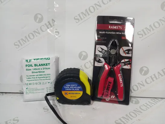 LOT OF APPROXIMATELY 10 ASSORTED HOUSEHOLD ITEMS TO INCLUDE MULTI-FUNCTION WIRE STRIPPER, TAPE MEASURE, VALUEAID FOIL BLANKET, ETC