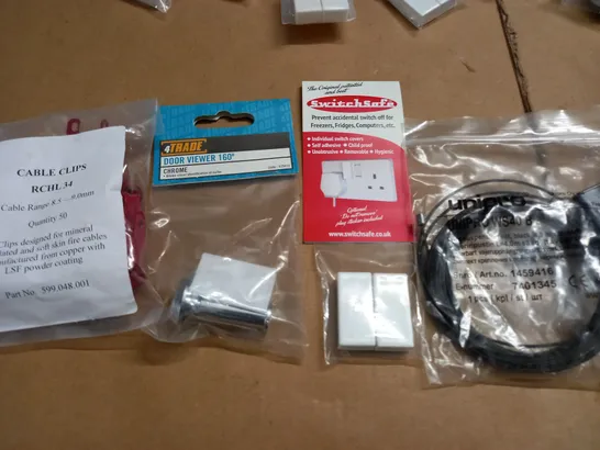 LOT OF ASSORTED ITEMS TO INCLUDE SWITCH SAFE CAPS, DOOR VIEWERS 160, UNIPRO WS40 B AND CABLE CLIPS RCHL 34