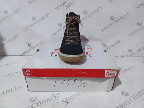 BOXED PAIR OF RIEKER LACE UP BOOTS, NAVY - SIZE 6