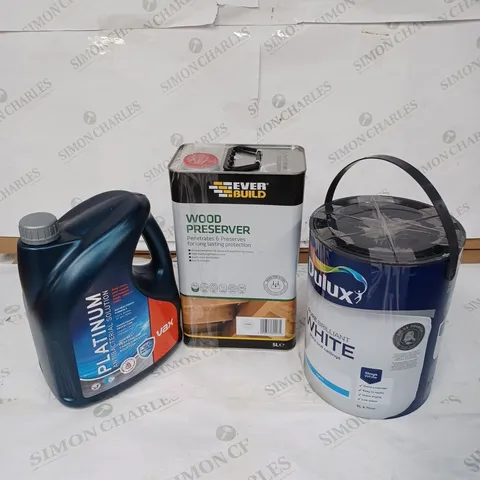 LOT OF 3 ITEMS TO INCLUDE VAX PLATINUM ANTIBACTERIAL SOLUTION - 4L, EVER BUILD WOOD PRESERVER - 5L, DULUX PURE BRILLIANT MATT WHITE PAINT