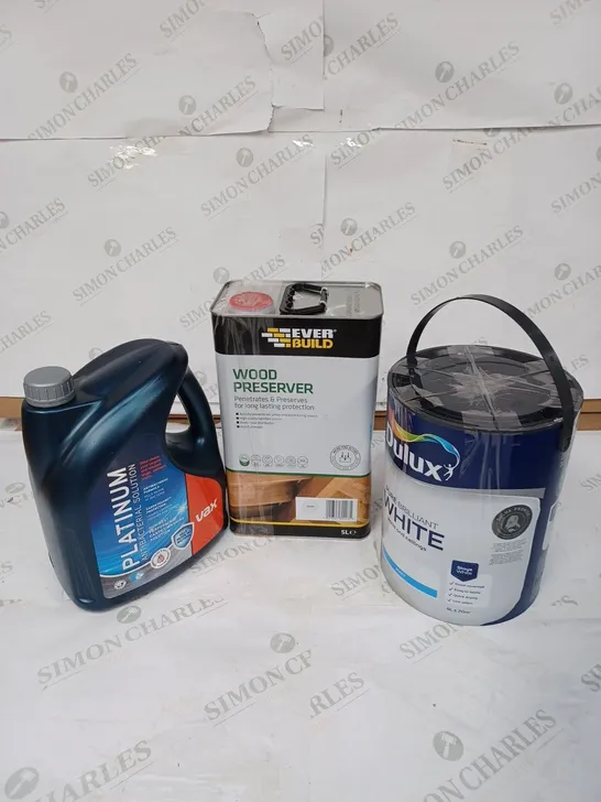 LOT OF 3 ITEMS TO INCLUDE VAX PLATINUM ANTIBACTERIAL SOLUTION - 4L, EVER BUILD WOOD PRESERVER - 5L, DULUX PURE BRILLIANT MATT WHITE PAINT