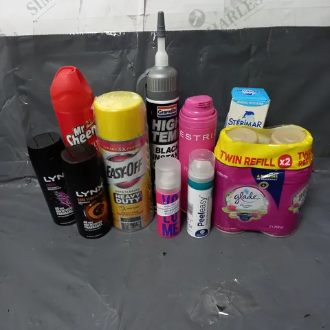 BOX OF APPROXIMATELY 10 ASSORTED AEROSOLS TO INCLUDE - GLADE RELAXING ZEN AUTOMATIC REFILL - EASY-OFF OVEN CLEANER - GRANVILLE BLACK INSTANT GASKET - ETC - COLLECTION ONLY