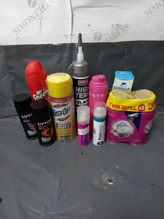 BOX OF APPROXIMATELY 10 ASSORTED AEROSOLS TO INCLUDE - GLADE RELAXING ZEN AUTOMATIC REFILL - EASY-OFF OVEN CLEANER - GRANVILLE BLACK INSTANT GASKET - ETC - COLLECTION ONLY