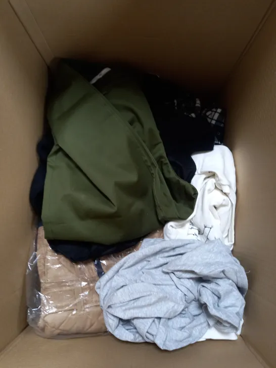 BOX OF APPROXIMATELY 15 CLOTHING ITEMS TO INCLUDE CARGO PANTS, SEQUIN DRESS, WHITE T-SHIRT ETC