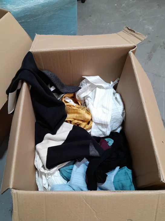 BOX OF ASSORTED CLOTHING ITEMS TO INCLUDE SHIRTS, CARDIGANS, TOPS ETC 