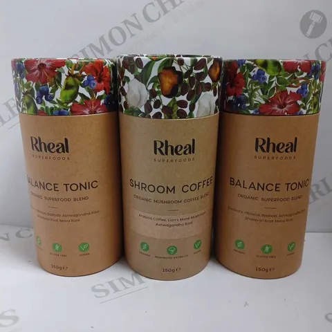 LOT OF 3 RHEAL SUPERFOODS ORGANIC BLEND (2 BALANCE TONIC, 1 SHROOM COFFEE)