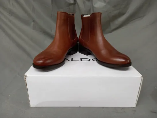 BOXED PAIR OF ALDO MEAVEN LEATHER ANKLE BOOTS IN BROWN UK SIZE 3