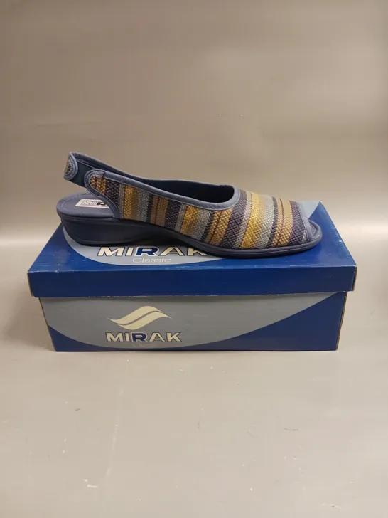 BOXED PAIR OF MIRAK CLASSIC CARLA OPEN TOE SHOES IN BLUE - 7.5