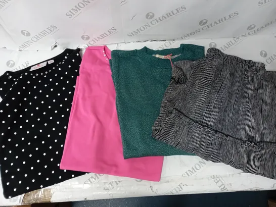 BOX OF APPROX 5 CLOTHING ITEMS TO INCLUDE QUACKER FACTORY TOP - XS, WHITE STUFF NIGHT SKY JUMPER - SIZE 10, FRANK USHER SKIRT - S/M, ETC. 