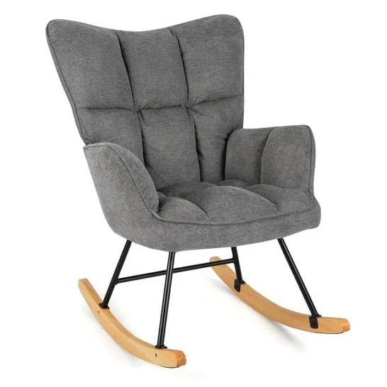 BOXED COSTWAY LINEN NURSERY ROCKING CHAIR MODERN ROCKING ACCENT CHAIR WITH HIGH BACKREST - GREY