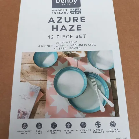 BOXED DENBY AZURE HAZE 12 PIECE SET TO INCLUDE; 4 DINNER PLATES, 4 MEDIUM PLATES, 4 CEREAL BOWLS