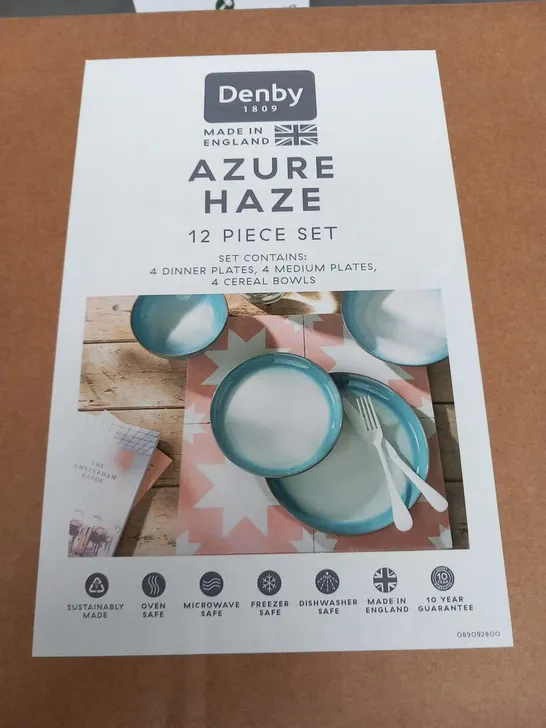 BOXED DENBY AZURE HAZE 12 PIECE SET TO INCLUDE; 4 DINNER PLATES, 4 MEDIUM PLATES, 4 CEREAL BOWLS