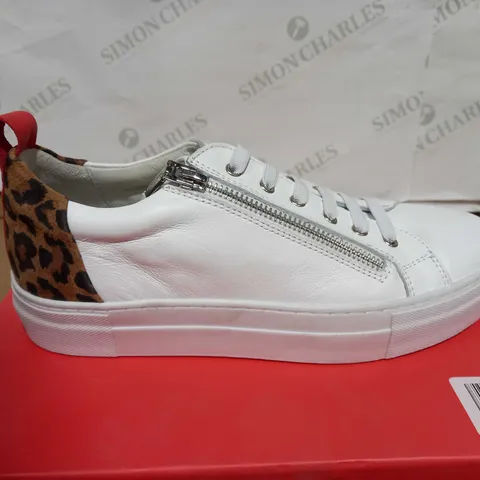 BOXED RUTH LANGSFORD TRAINER WITH ZIP DETAIL, WHITE LEOPARD, UK 5