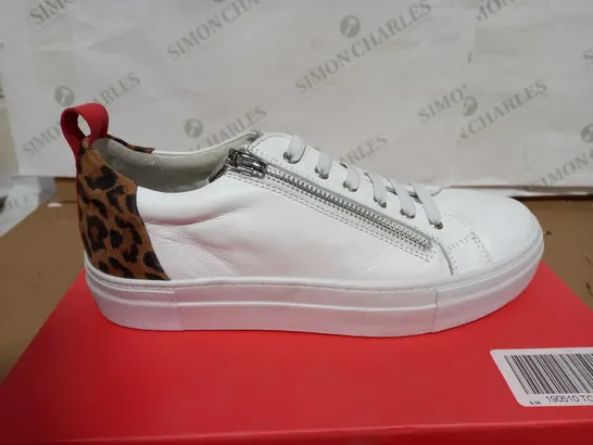 BOXED RUTH LANGSFORD TRAINER WITH ZIP DETAIL, WHITE LEOPARD, UK 5