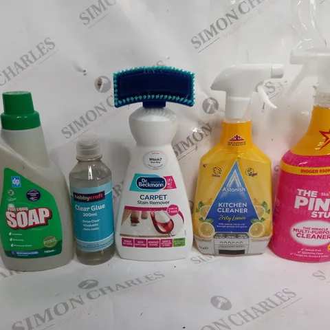 BOX OF APPROX 12 ASSORTED LIQUIDS TO INCLUDE - THE PINK STUFF CLEANER - CARPET STAIN REMOVER - CLEAR GLUE ECT