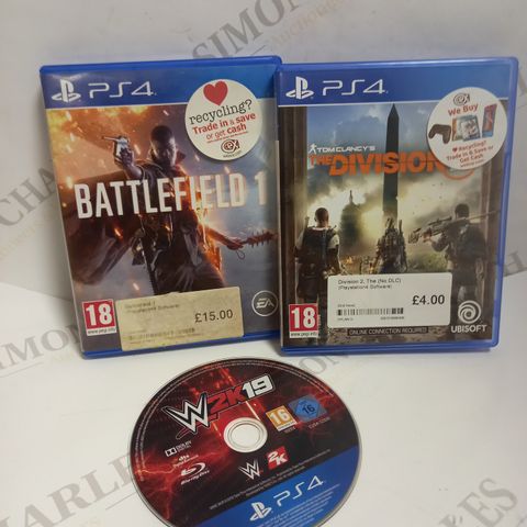 LOT OF 3 PLAYSTATION 4 GAMES, TO INCLUDE BATTLEFIELD, THE DIVISION & WWE 2K19