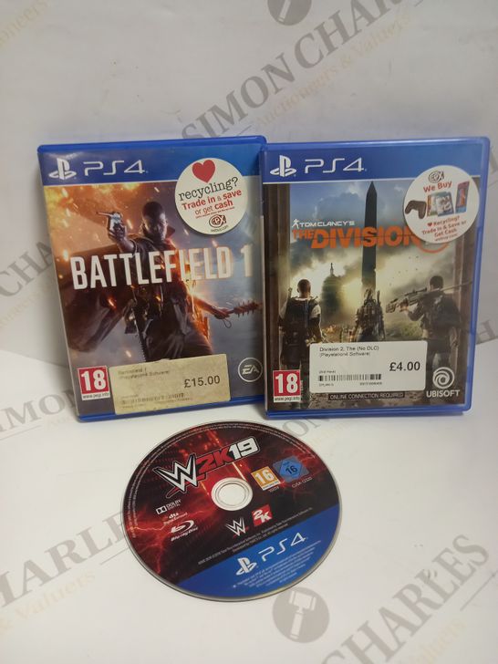 LOT OF 3 PLAYSTATION 4 GAMES, TO INCLUDE BATTLEFIELD, THE DIVISION & WWE 2K19