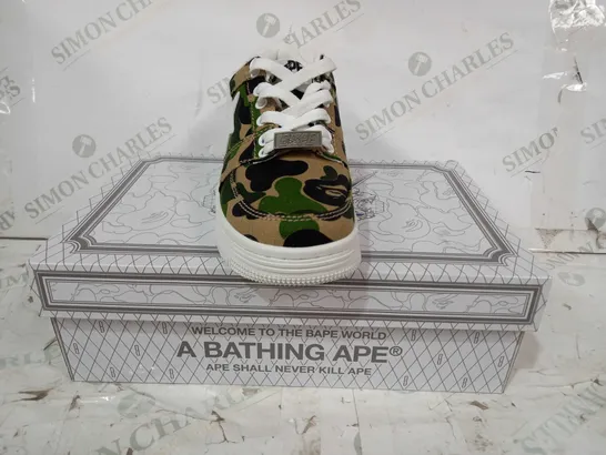 BOXED PAIR OF BAPE LACE UP SNEAKERS IN JUNGLE CAMO PATTERN US SIZE 5