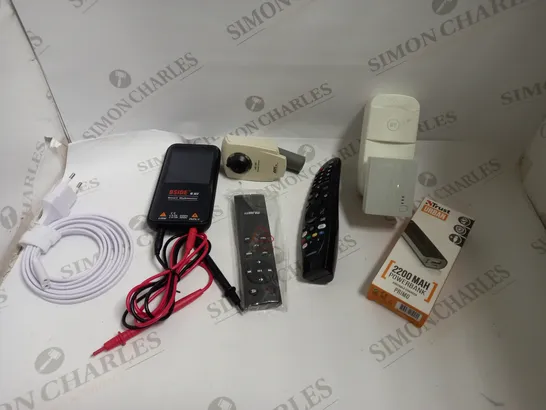 BOX OF APPROX 10 ASSORTED ITEMS INCLUDING BT WIFI EXTENDER, REMOTE CONTROLS AND BSIDE S10 SMART MULTIMETER