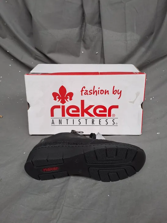 BOXED PAIR OF RIEKER WEDGE TRAINERS IN BLACK, UK SIZE 5