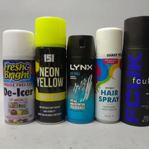 BOX OF APPROXIMATELY 15 ASSORTED ITEMS TO INCLUDE - FCUK BODY SPRAY - LYNX ICE CHILL - 151 NEON YELLOW SPRAY PAINT ETC