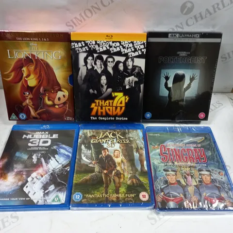 BOX OF 6 ASSORTED BLU RAY MOVIES TO INCLUDE POLTERGEIST, THE LION KING, STINGRAY ETC