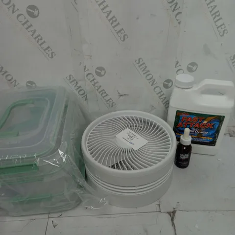 APPROXIMATELY 7 ASSORTED HOUSEHOLD PRODUCTS TO INCLUDE DESK FAN, STORAGE CONTAINERS, DRAIN CLEANER ETC 