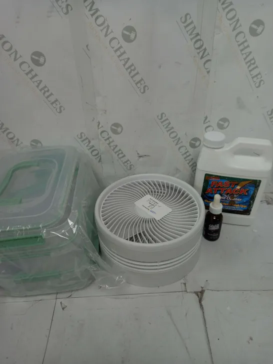 APPROXIMATELY 7 ASSORTED HOUSEHOLD PRODUCTS TO INCLUDE DESK FAN, STORAGE CONTAINERS, DRAIN CLEANER ETC 