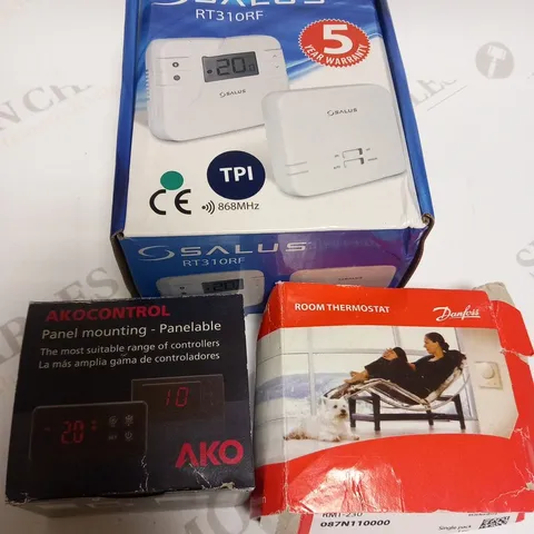 3 ASSORTED PRODUCTS TO INCLUDE; SALUS RT310RF, AKO CONTROL PANEL MOUNTING PANELABLE AND DANFUS ROOM THERMOSTAT