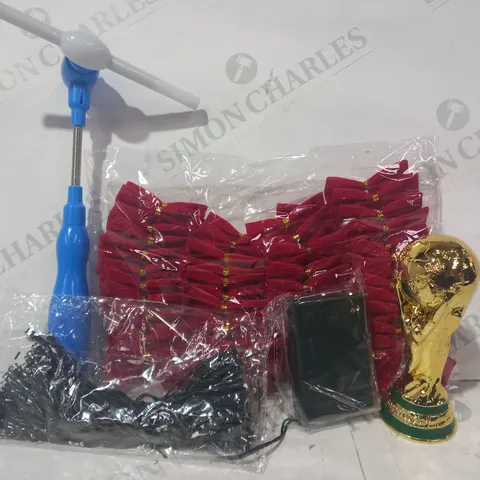 LOT OF APPROXIMATELY 15 ASSORTED HOUSEHOLD ITEMS TO INCLUDE DECORATIVE BOW PACK IN RED, REPLICA WORLD CUP TROPHY, ELECTRIC FAN, ETC