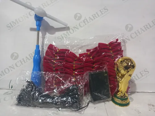 LOT OF APPROXIMATELY 15 ASSORTED HOUSEHOLD ITEMS TO INCLUDE DECORATIVE BOW PACK IN RED, REPLICA WORLD CUP TROPHY, ELECTRIC FAN, ETC