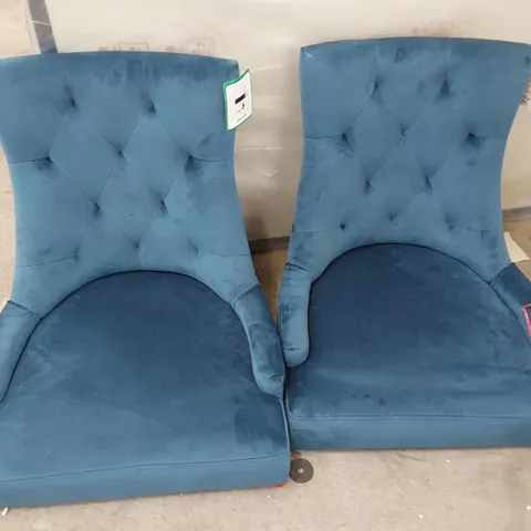 PAIR UPHOLSTERED BUTTONED BACK DINING CHAIRS BLUE PLUSH FABRIC 