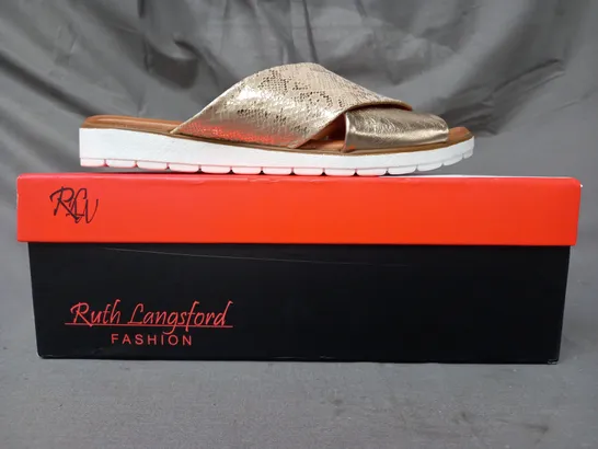 BOXED PAIR OF RUTH LANGSFORD FLAT SANDALS IN METALLIC CHAMPAGNE GOLD SIZE 5