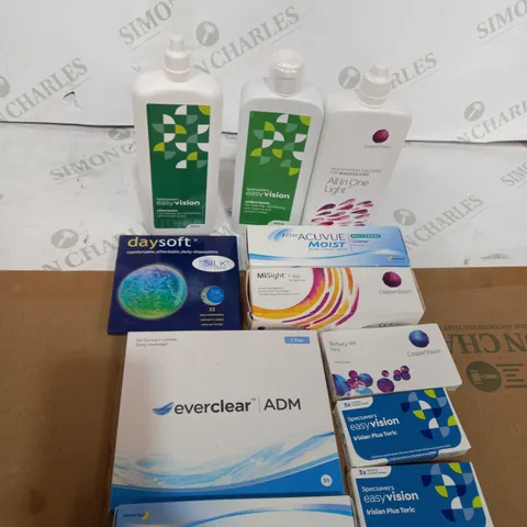 BOX OF ASSORTED MEDICAL APPLIANCES TOO INCLUDE NICORETTE PATCHES , EYE LENSES AND EYE DROPS 