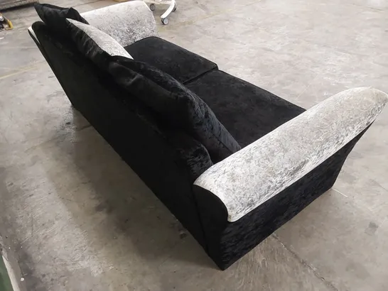 DESIGNER 3 SEATER CRUSHED VELVET UPHOLSTERED SOFA - BLACK/SILVER