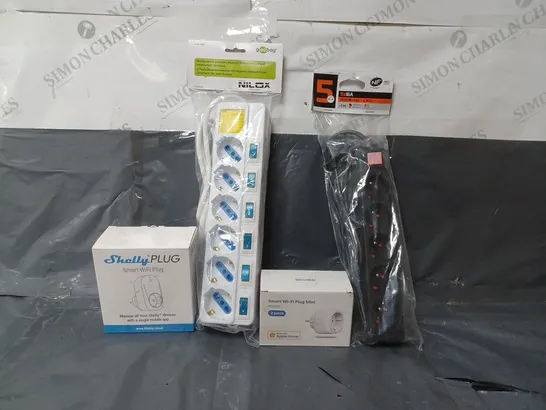 BOX OF APPROX 30 ASSORTED ITEMS TO INCLUDE -SHELLY PLUG , NF 5X16A 1M EXTENSION LEAD , SMART WIFI MINI PLUG ETC