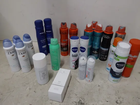 TWO TOTES OF ASSORTED AEROSOLS INCLUDING SPIDER KILLER, ETCHING PRIMER, BODY SPRAYS BY DOVE, NIVEA, SURE, L'OREAL. TEETH WHITENER.