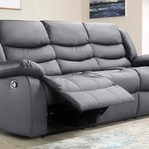 BOXED DESIGNER SORRENTO GREY FAUX LEATHER MANUAL RECLINING THREE SEATER SOFA