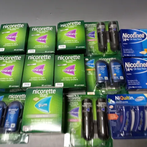 LOT OF 14 ASSORTED QUIT SMOKING ITEMS TO INCLUDE NICORETTE INHALATORS, NICOTINELL PATCHES AND NIQUITIN MINIS LOZENGES