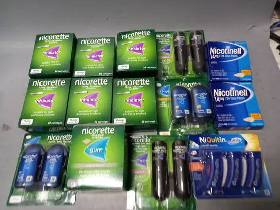 LOT OF 14 ASSORTED QUIT SMOKING ITEMS TO INCLUDE NICORETTE INHALATORS, NICOTINELL PATCHES AND NIQUITIN MINIS LOZENGES