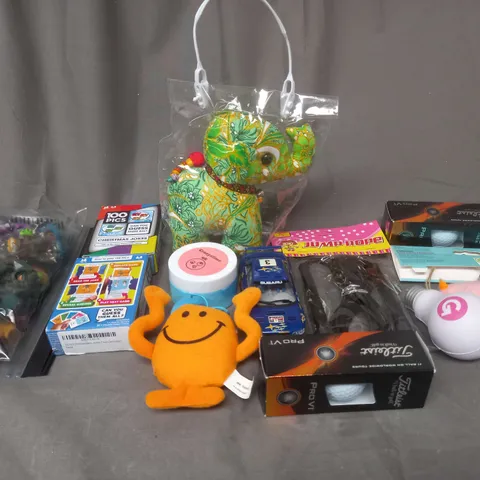 BOX OF ASSORTED TOYS AND GAMES TO INCLUDE GOLFBALLS, TEDDIES, ACTION FIGURES