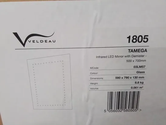 BOXED AS NEW VELDEAU TAMEGA INFRARED LED MIRROR WITH DEMISTER - 500X700MM