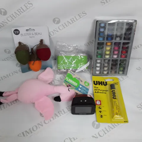 LARGE ASSORTMENT OF HOUSEHOLD PRODUCTS TO INCLUDE ROAD ANGEL, UHU ADHESIVE AND BOBBIN SET