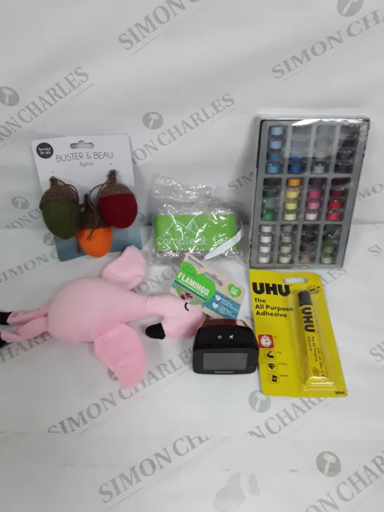 LARGE ASSORTMENT OF HOUSEHOLD PRODUCTS TO INCLUDE ROAD ANGEL, UHU ADHESIVE AND BOBBIN SET