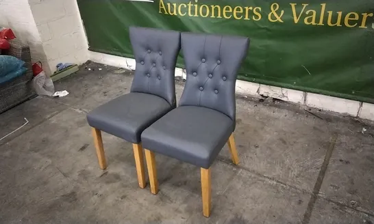 PAIR OF BEWLEY GREY LEATHER BUTTON BACK DINING CHAIRS WITH OAK LEGS 