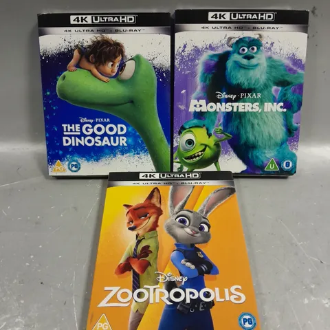 3 X ASSORTED SEALED DISNEY 4K ULTRA HD BLU-RAYS TO INCLUDE THE GOOD DINOSAUR, MONSTERS INC & ZOOTROPOLIS  